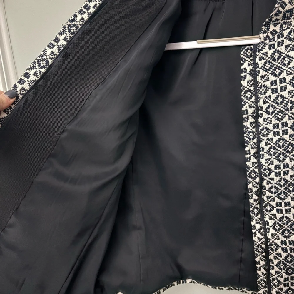Tory Burch Embellished Jacquard Jacket Size 12 Navy Ivory Collarless Blazer